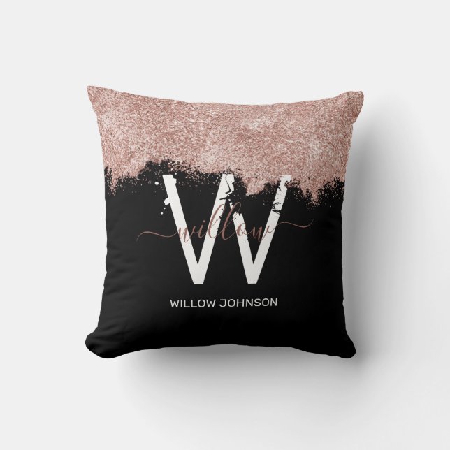 Rose Gold Pink Black Girly Glitter Dust Monogram Cushion (Front)