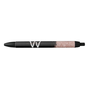 Rose Gold Pink Black Girly Glitter Dust Monogram Ink Pen