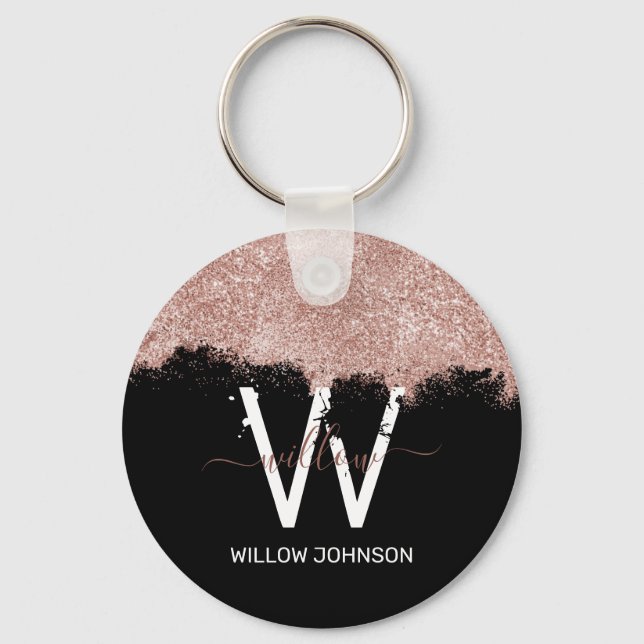 Rose Gold Pink & Black Girly Glitter Dust Monogram Key Ring (Front)