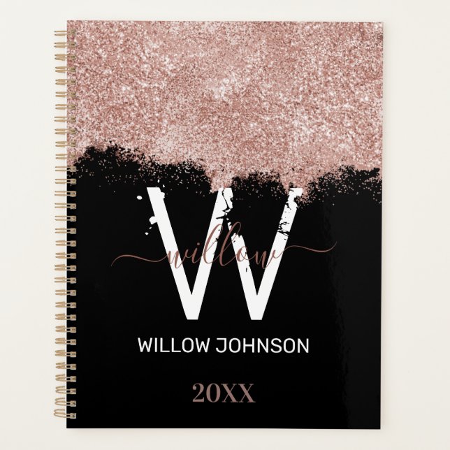 Rose Gold Pink Black Girly Glitter Dust Monogram Planner (Front)