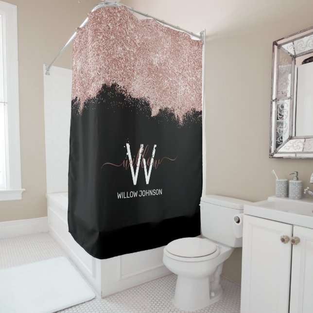 Rose Gold Pink Black Girly Glitter Dust Monogram Shower Curtain (In Situ)