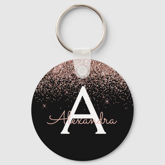 Rose Gold Pink Black Glitter Monogram Key Ring (Front)