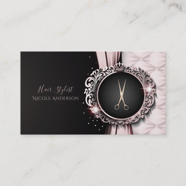 Rose Gold Pink & Black Luxury Hair Stylist Business Card (Front)