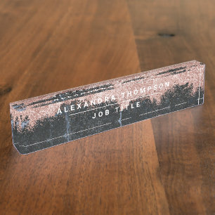 Rose Gold Pink Black Marble Glitter Dust Nameplate