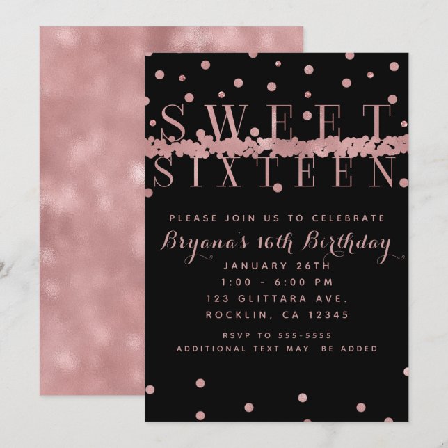 Rose Gold Pink & Black Modern Glam Sweet 16 Party Invitation (Front/Back)