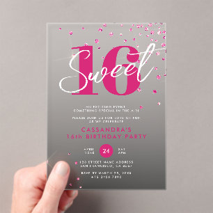 Rose Gold Pink & Black Sweet 16 Birthday Acrylic Invitations