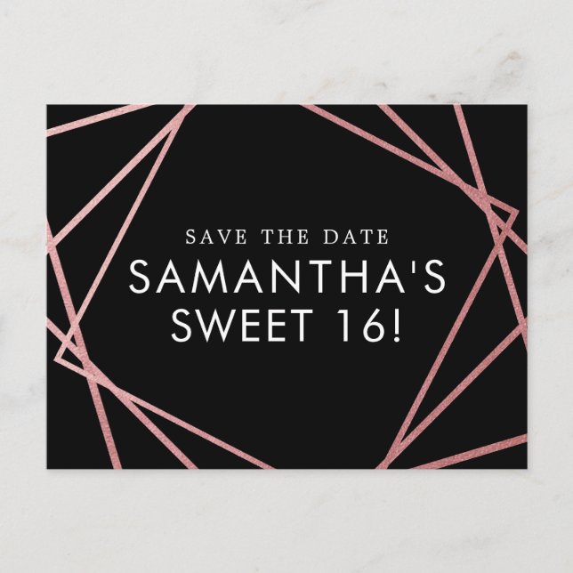 Rose Gold Pink Black Sweet 16 Save the Date Announcement Postcard (Front)