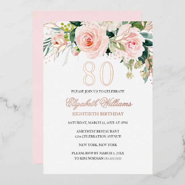 Rose Gold Pink Blush 80th Birthday Foil Invitation (Front/Back)