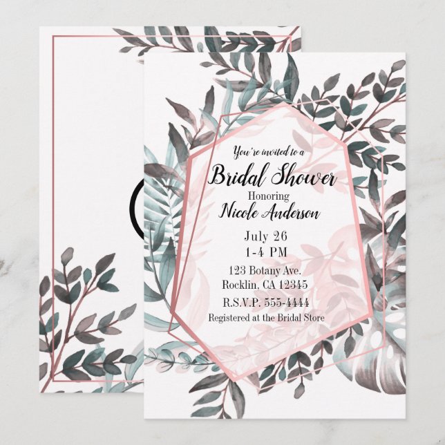 Rose Gold Pink Blush Botanical Bridal Shower Invitation (Front/Back)