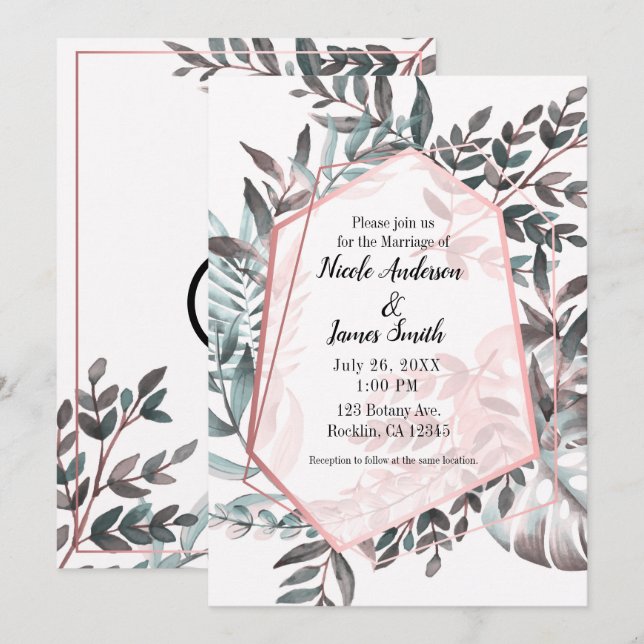 Rose Gold Pink Blush Botanical Wedding Marriage Invitation (Front/Back)