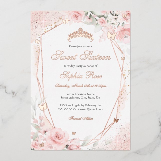 Rose gold Pink Blush Butterfly Floral Sweet 16  (Front)
