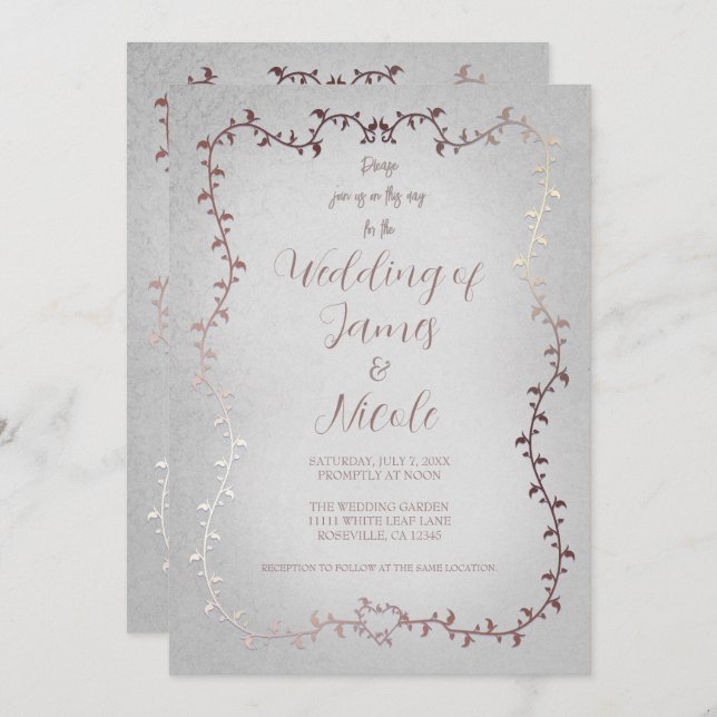 Rose Gold Pink Botanical Leaves Storybook Wedding Invitation (Front/Back)