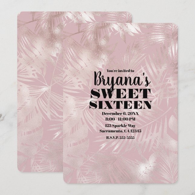 Rose Gold Pink Botanical Tropical Palm Sweet 16 Invitation (Front/Back)