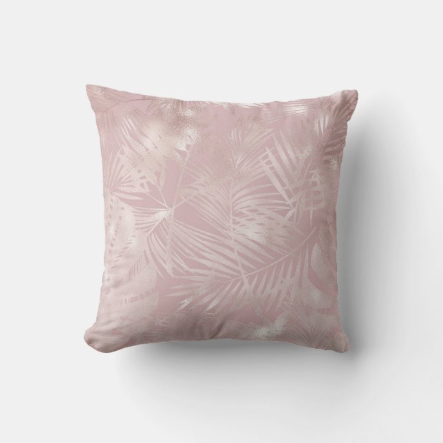 Rose Gold Pink Botanical Tropical Palm Tree Leaves Cushion (Front)