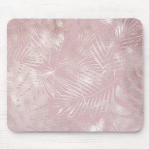 Rose Gold Pink Botanical Tropical Palm Tree Leaves Mouse Pad