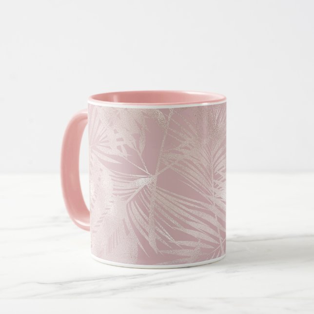 Rose Gold Pink Botanical Tropical Palm Tree Leaves Mug (Front Left)