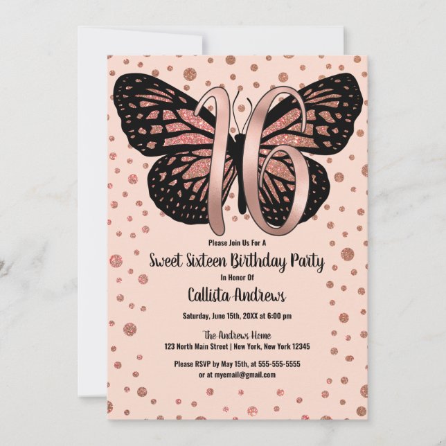 Rose Gold Pink Butterfly Glitter Confetti Sweet 16 Invitation (Front)