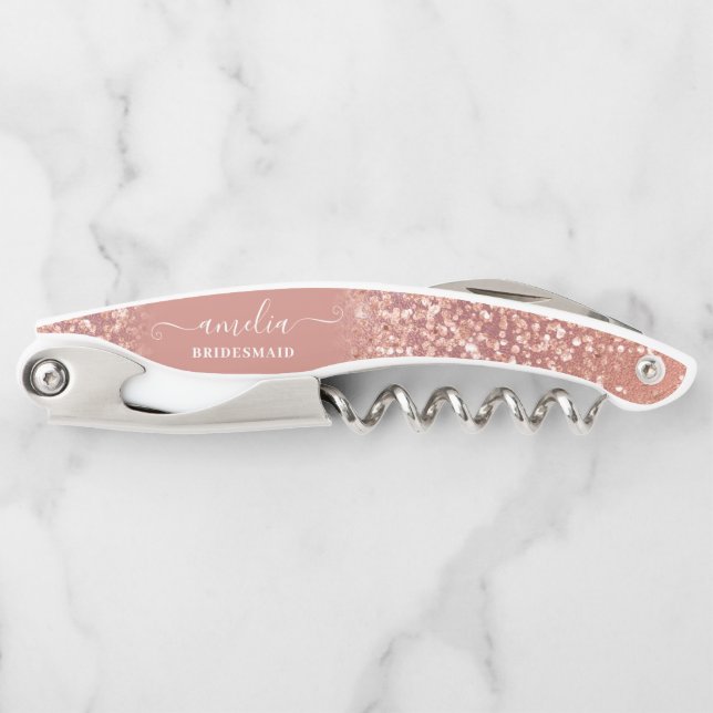 Rose Gold Pink Calligraphy Bridesmaid Name Favour Corkscrew (Front)