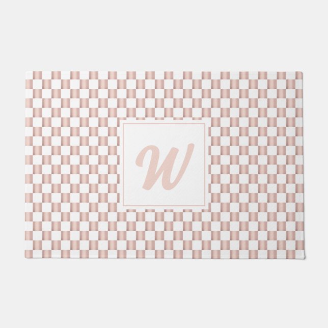 Rose Gold Pink Chequerboard Pattern Monogram Doormat (Front)