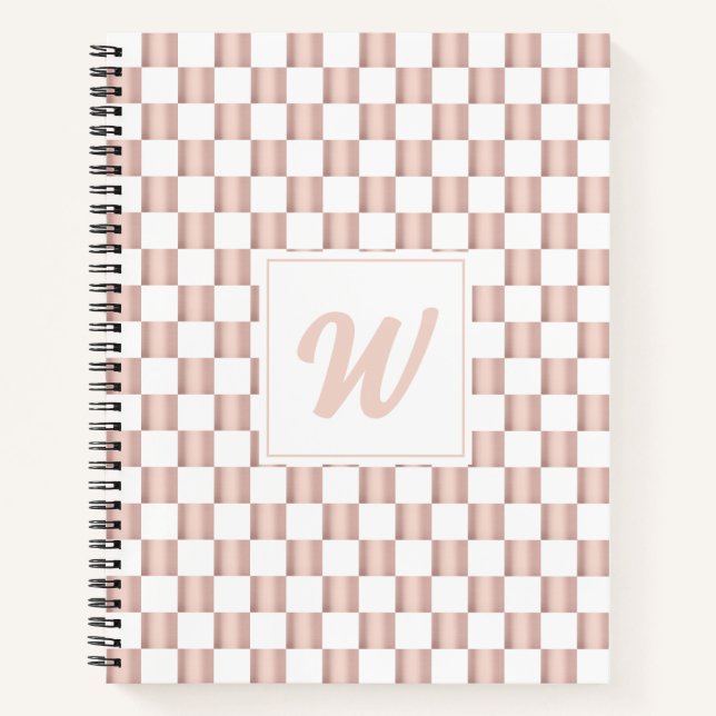 Rose Gold Pink Chequerboard Pattern Monogram Notebook (Front)