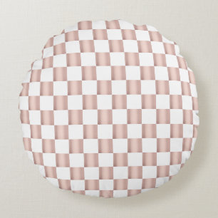 Rose Gold Pink Chequerboard Pattern Round Cushion