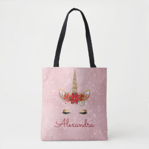 Rose Gold Pink Christmas Unicorn Monogram Tote Bag