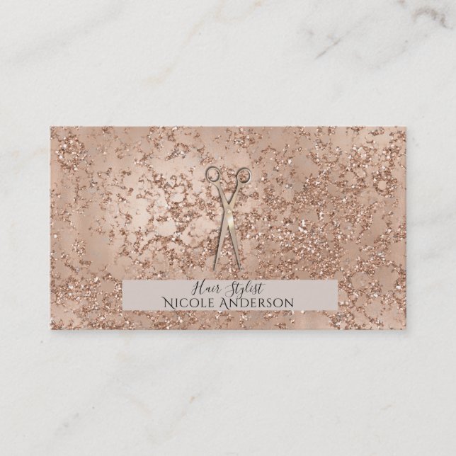 Rose Gold Pink Crackle Sparkle Scissors Stylist Business Card (Front)