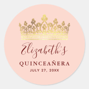 Rose Gold Pink Crown Elegant Name Quinceanera Classic Round Sticker