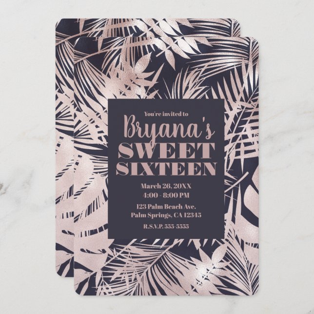 Rose Gold Pink Dark Tropical Palm Sweet 16 Invitation (Front/Back)