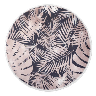 Rose Gold Pink Dark Tropical Palm Tree Leaves Ceramic Knob