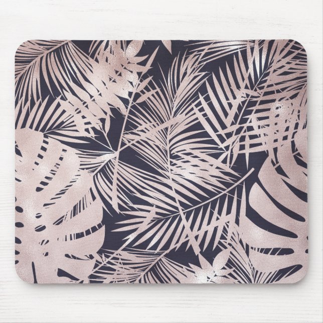 Rose Gold Pink Dark Tropical Palm Tree Leaves Mouse Pad (Front)