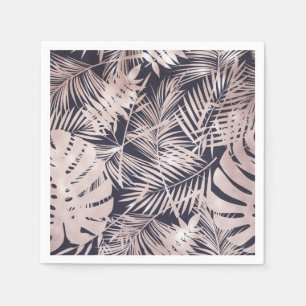 Rose Gold Pink Dark Tropical Palm Tree Leaves Napkin