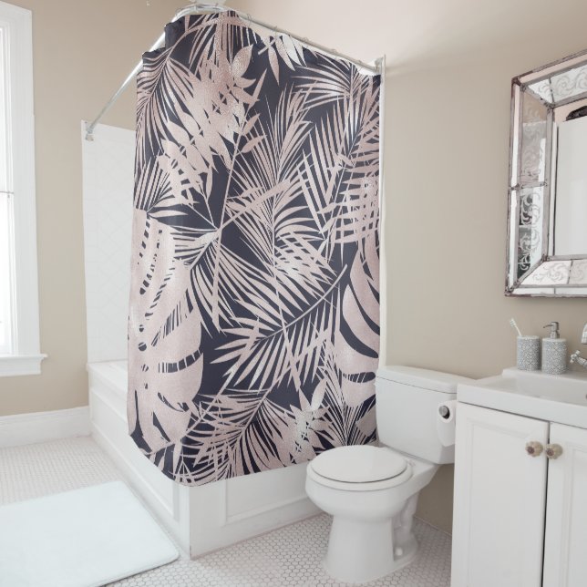 Rose Gold Pink Dark Tropical Palm Tree Leaves Shower Curtain (In Situ)
