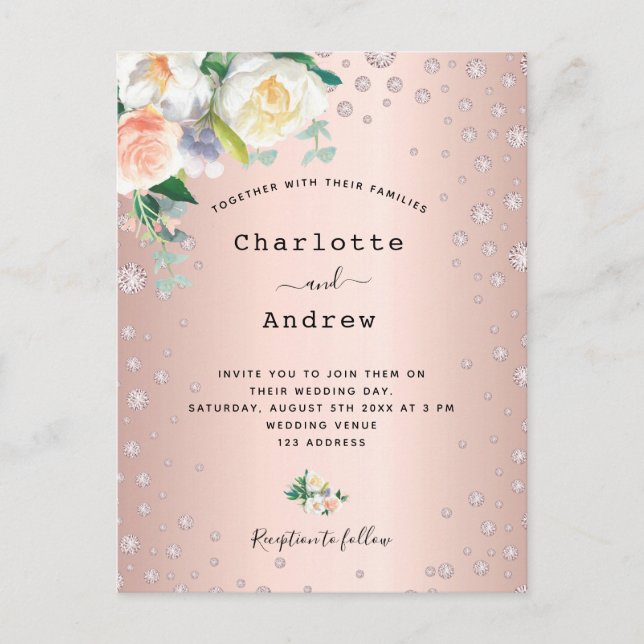 Rose gold pink diamonds floral glamourous wedding postcard (Front)