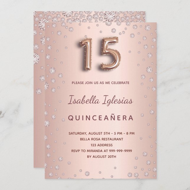 Rose gold pink diamonds Quinceanera Invitation (Front/Back)