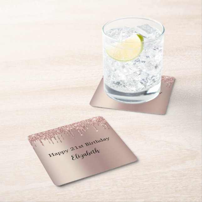 Rose Gold Pink Dripping Glitter 21st Birthday  Square Paper Coaster (Insitu)