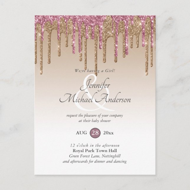 Rose Gold Pink Dripping Glitter Baby Girl Shower Postcard (Front)