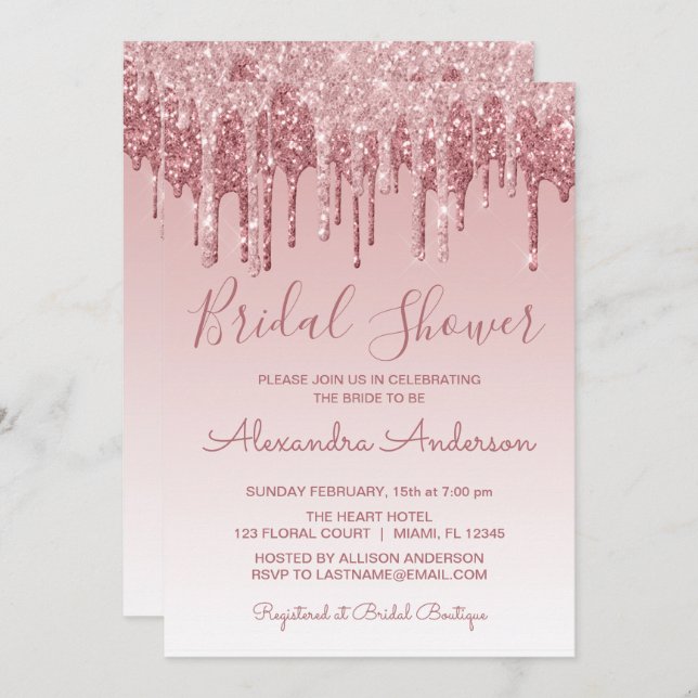 Rose Gold Pink Dripping Glitter Bridal Shower Invitation (Front/Back)