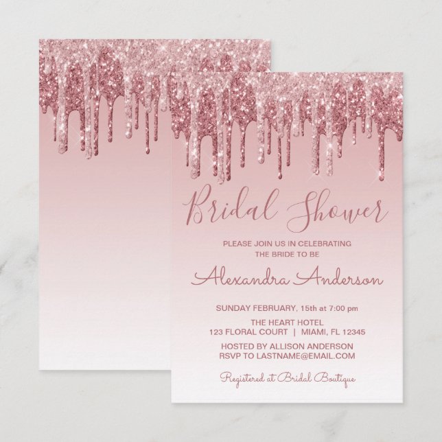 Rose Gold Pink Dripping Glitter Bridal Shower Invitation (Front/Back)