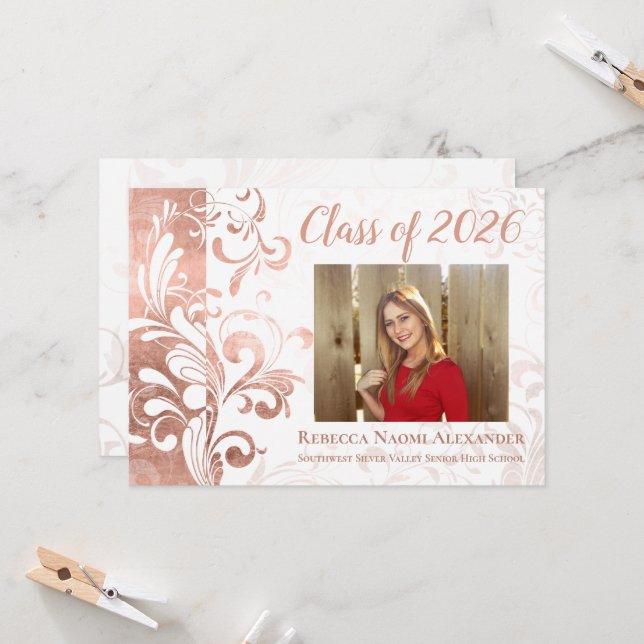 Rose Gold Pink Elegant Swirl Photo 2025 Graduation Invitation (Front/Back In Situ)