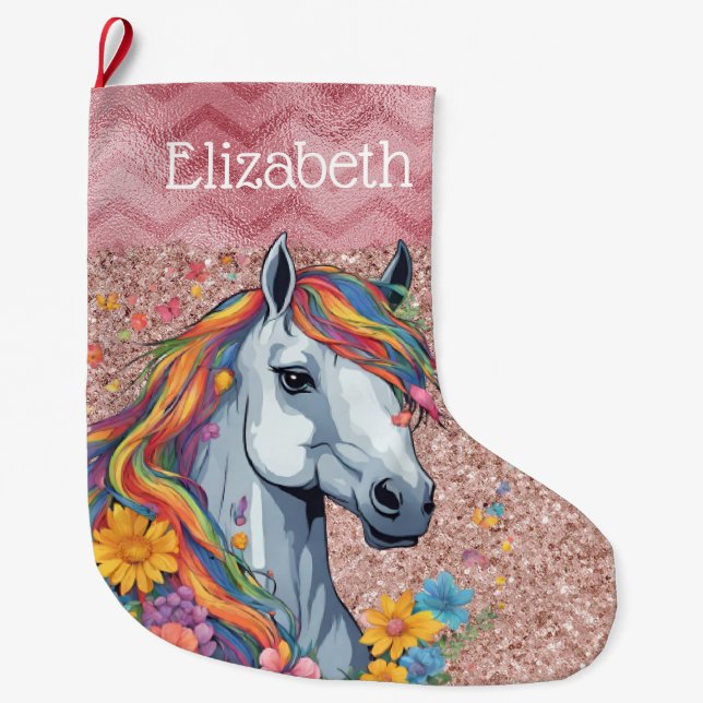 Rose Gold Pink Equestrian Rainbow Horse Girl Name Large Christmas Stocking (Front)