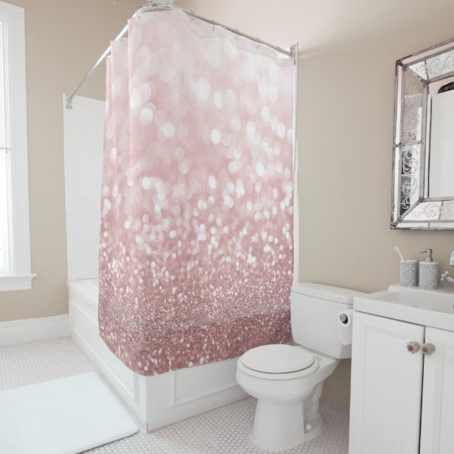 rose gold pink faux glitter and bokeh lights shower curtain (In Situ)