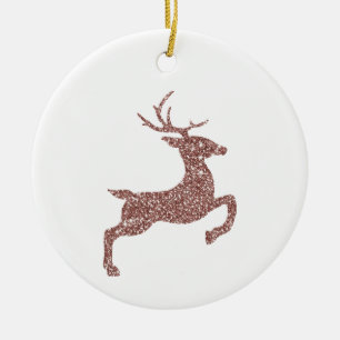 Rose Gold Pink Faux Glitter Look Jumping Deer Ceramic Ornament