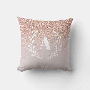 Rose Gold Pink Faux Glitter Wreath Custom Monogram Cushion