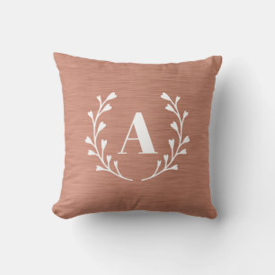 Rose Gold Pink Faux Metal Wreath Custom Monogram  Cushion