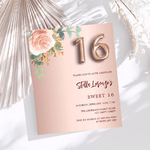 Rose gold pink floral budget Sweet 16 invitation