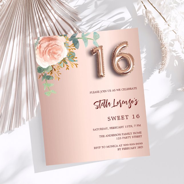 Rose gold pink floral budget Sweet 16 invitation (Creator Uploaded)