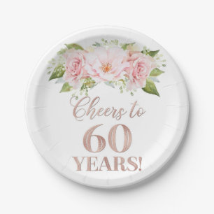 Rose Gold Pink Floral Cheers to 60 Years Birthday Paper Plate