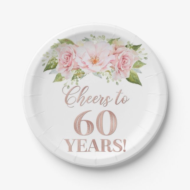 Rose Gold Pink Floral Cheers to 60 Years Birthday Paper Plate (Front)