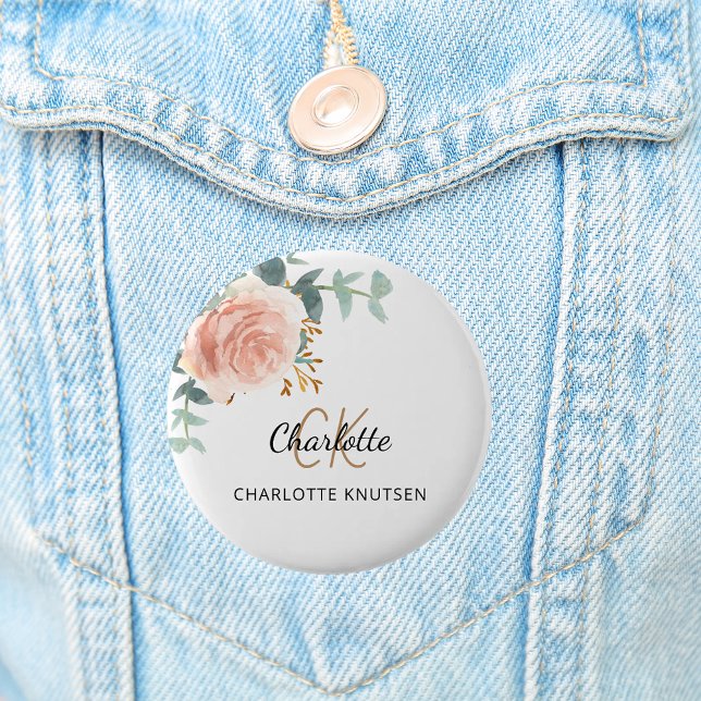 Rose gold pink floral eucalyptus thank you 6 cm round badge (Creator Uploaded)